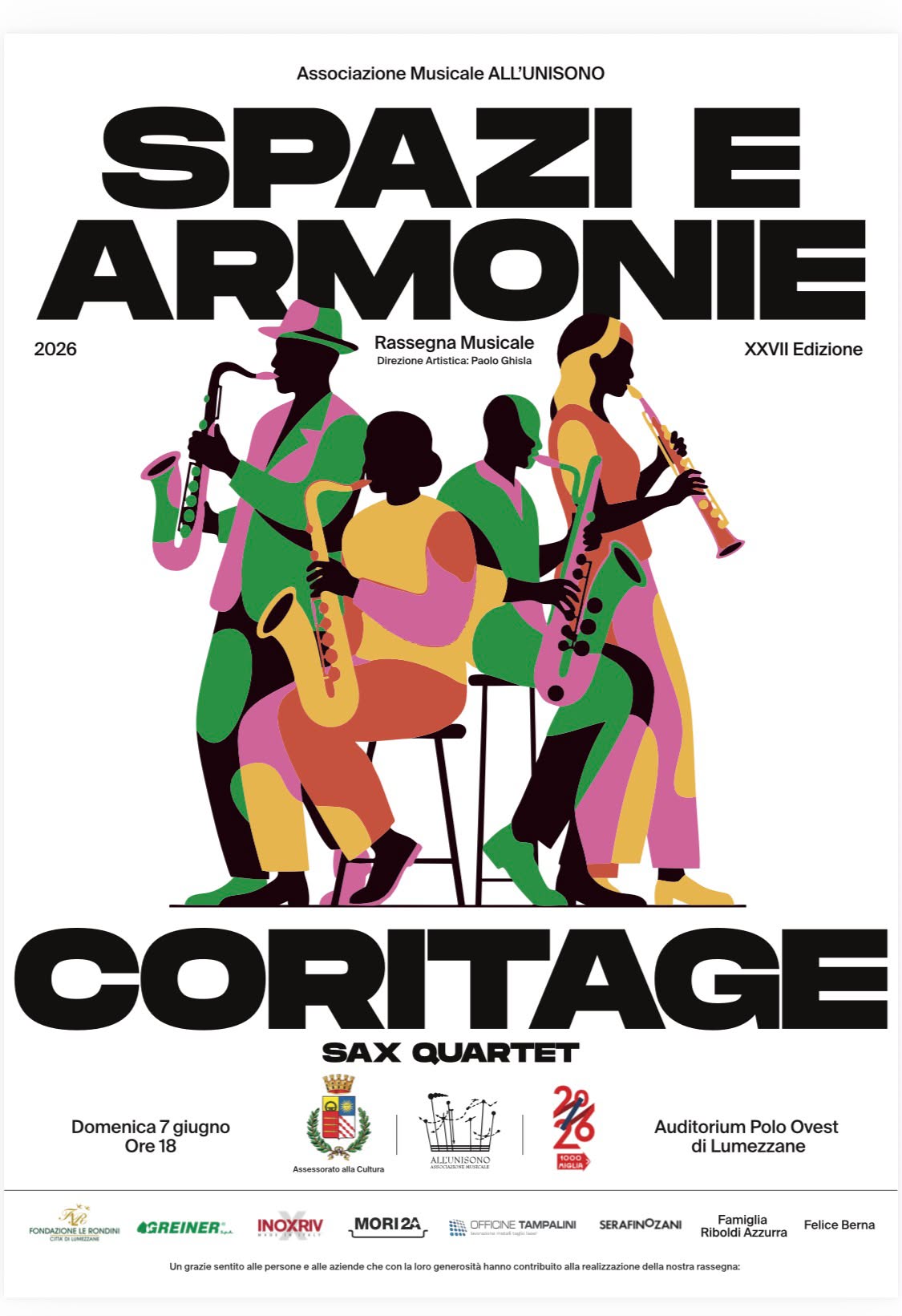 Locandina del concerto «Coritage - Sax Quartet» per la rassegna musicale «Spazi e Armonie» 2026, XXVII edizione, direzione artistica Paolo Ghisla: domenica 7 giugno ore 18, Auditorium Polo Ovest di Lumezzane. L'illustrazione mostra un quartetto di sassofonisti a campiture piatte verdi, rosa e gialle.
