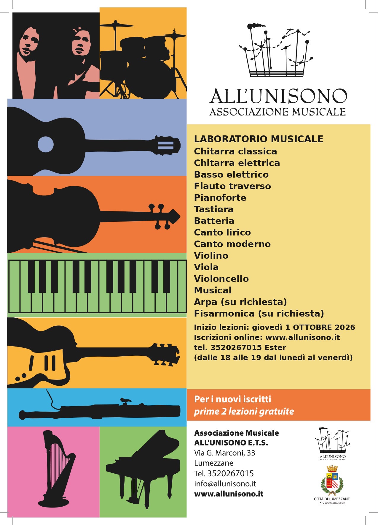 Locandina del Laboratorio Musicale con l'elenco dei corsi: chitarra classica ed elettrica, basso elettrico, flauto traverso, pianoforte, tastiera, batteria, canto lirico e moderno, violino, viola, violoncello, musical, arpa e fisarmonica su richiesta. Inizio lezioni giovedì 1 ottobre 2026, iscrizioni online; per i nuovi iscritti le prime due lezioni sono gratuite.