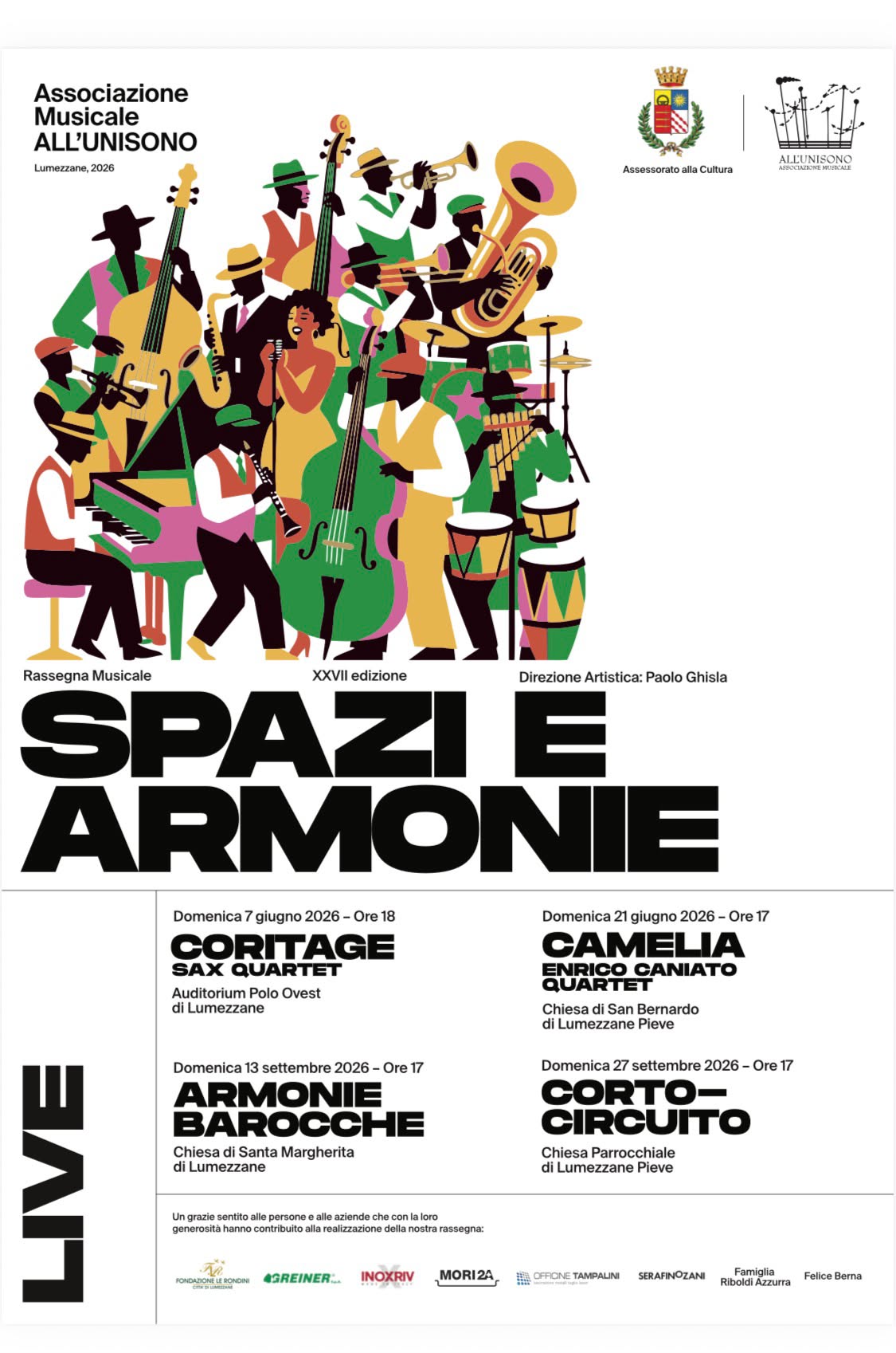 Locandina riepilogativa della rassegna musicale «Spazi e Armonie» 2026, XXVII edizione, direzione artistica Paolo Ghisla, con i quattro concerti in programma: domenica 7 giugno 2026 ore 18 «Coritage - Sax Quartet» all'Auditorium Polo Ovest di Lumezzane; domenica 21 giugno 2026 ore 17 «Camelia - Enrico Caniato Quartet» alla Chiesa di San Bernardo di Lumezzane Pieve; domenica 13 settembre 2026 ore 17 «Armonie Barocche» alla Chiesa di Santa Margherita di Lumezzane; domenica 27 settembre 2026 ore 17 «Corto-Circuito» alla Chiesa Parrocchiale di Lumezzane Pieve.